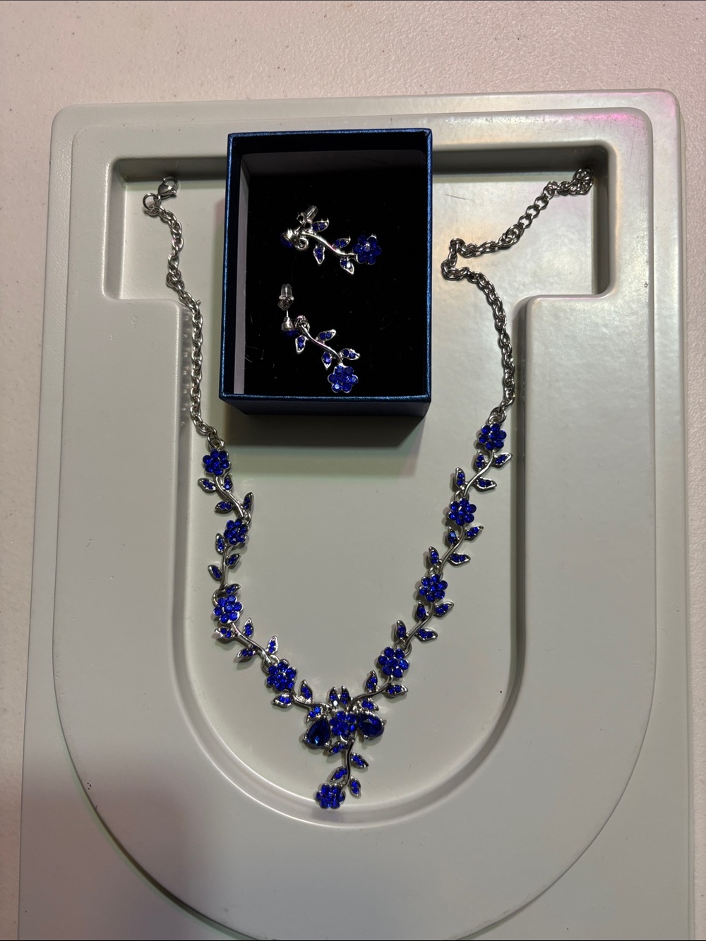 Silver-Tone Blue Floral Crystal Necklace & Earrings Set